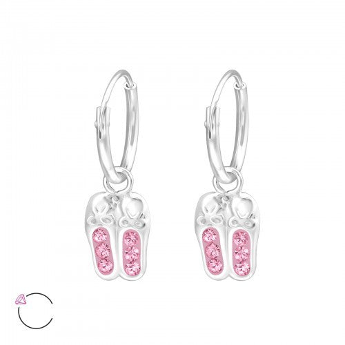 925 Sterling Silver Pink Crystal Ballet Shoes Hoop Earrings 1.2x12mm & Gift Box