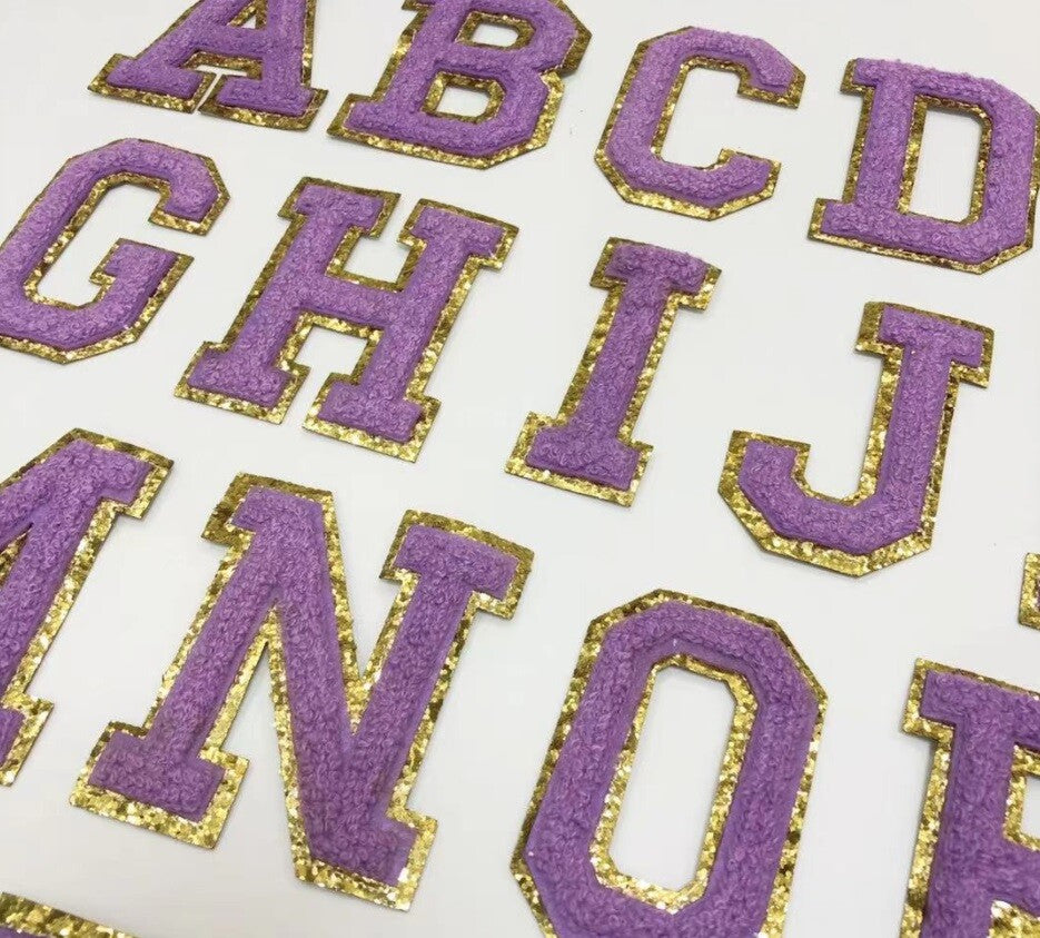 8cm Large 3D Purple Gold Chenille Patch Letter Patches Iron Sew on Alphabet
