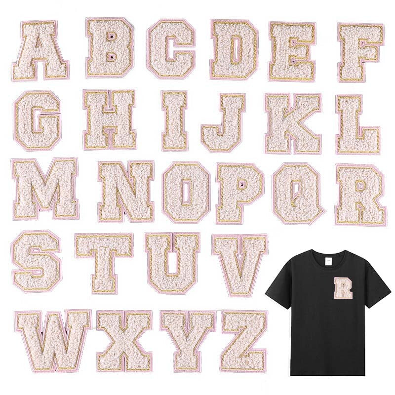 Pink Gold & Beige Chenille Patch Letter Patches Iron on Alphabet Letters 5.5cm