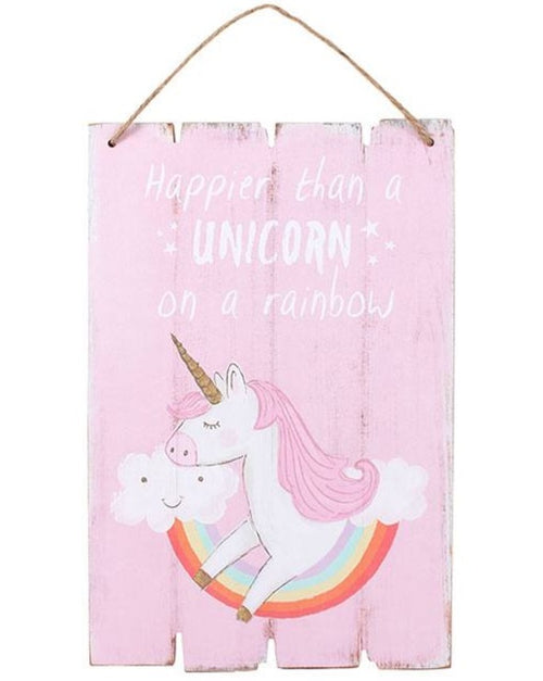 'HAPPIER THAN A UNICORN' HANGING WOODEN WALL PLAQUE SIGN MAGICAL MYTHICAL GIFT