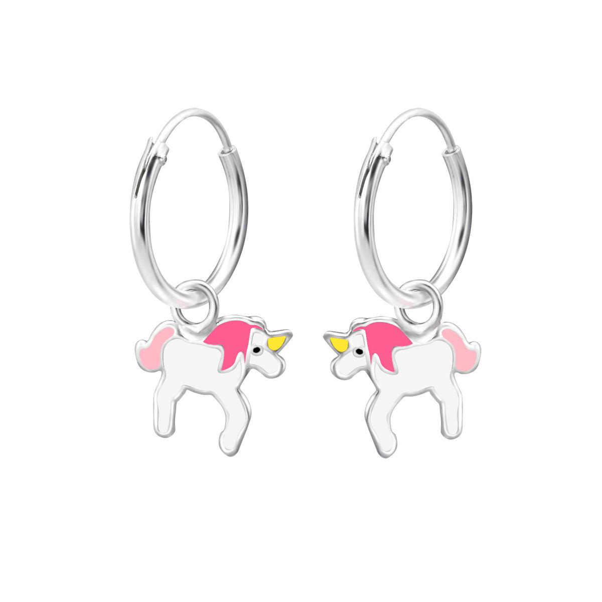 925 Sterling Silver Unicorn Pegasus Earrings & Gift Box - Pink & White Unicorn Hoops