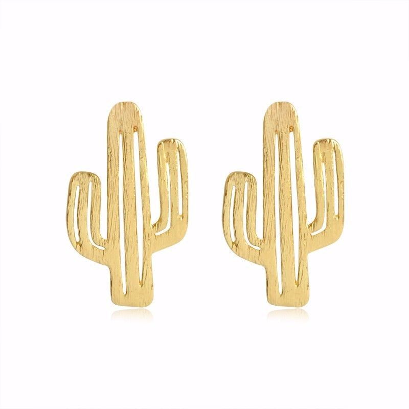 Cactus Plant Minimalist Earrings Stud Silver Gold Rose Statement Jewellery - Gold