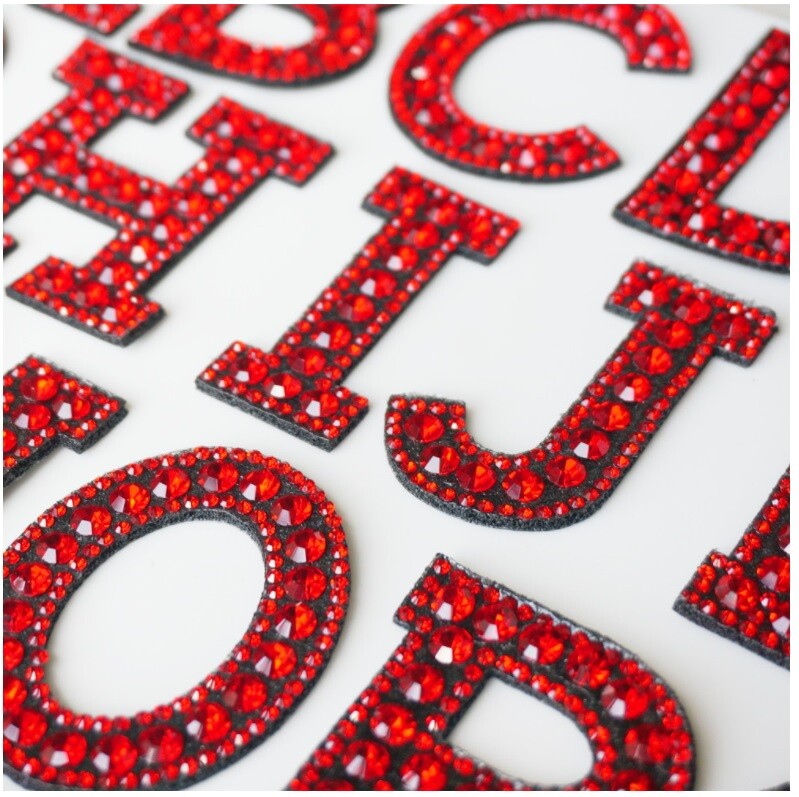 Red Rhinestone Letter Patch Patches Iron or Sew on Alphabet Crystal Customise