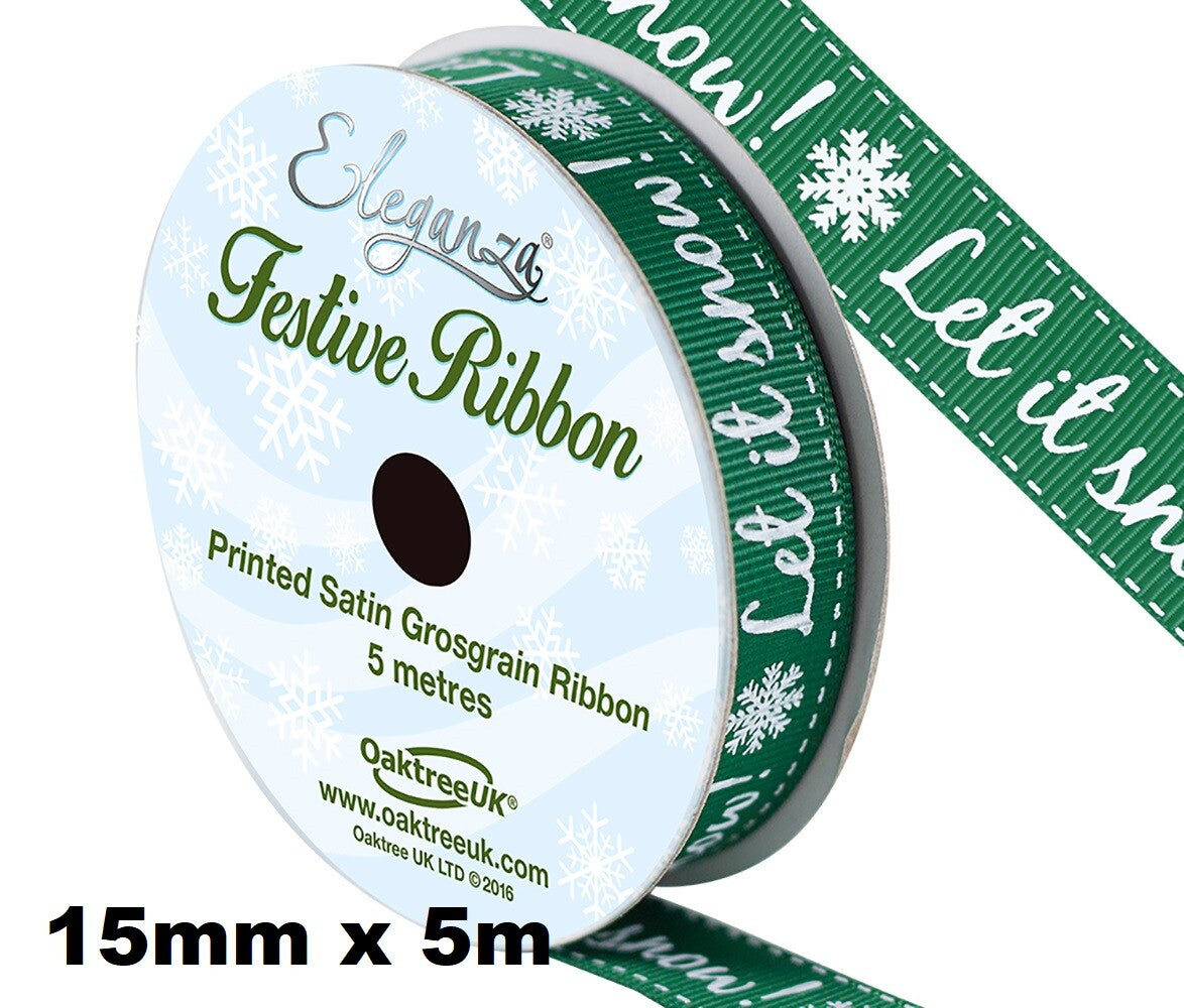 Eleganza Festive Christmas Ribbon Roll Craft Wreath Bows Gifts Tree Decoration - Satin Grosgrain Let It Snow! Green