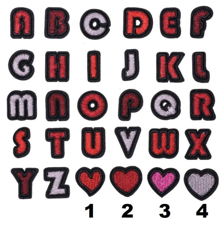 Red & Pink Letter Patch Iron or Sew on Alphabet Embroidery Customise Clothing - Design 2 Red Heart