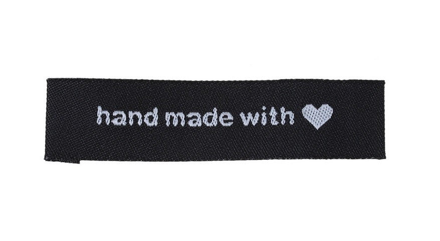 Black Fabric Labels Hand Made With Love Sew On Garment Clothing Tags 60x15mm