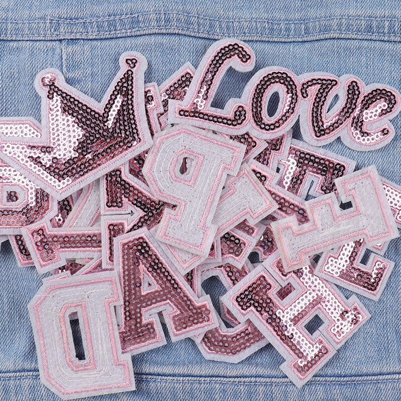 Pink Sequins Varsity Letter Patch Iron or Sew on Alphabet Customise Clothing 5cm