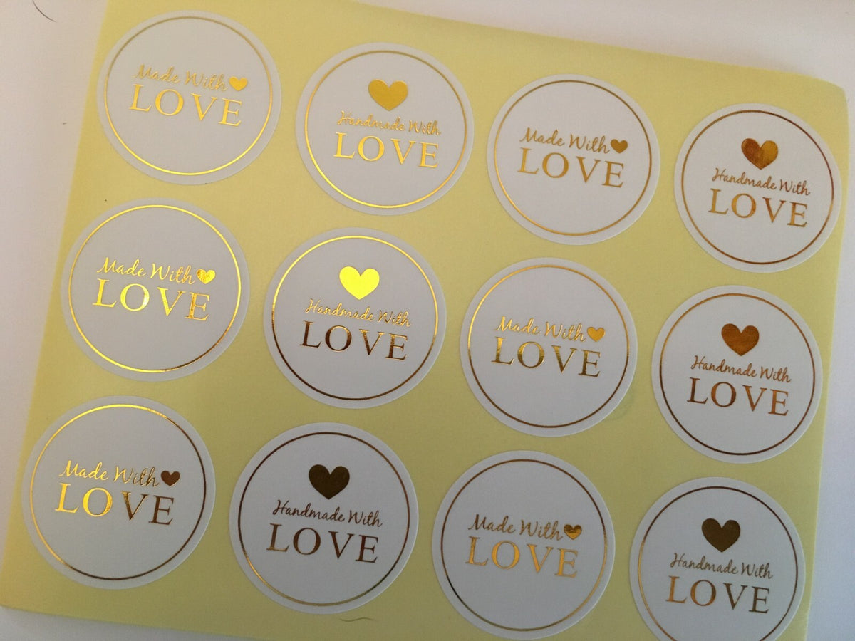 Round Labels Hand made with love Mixed Gift Craft Stickers Thank You Sticker - White & Gold