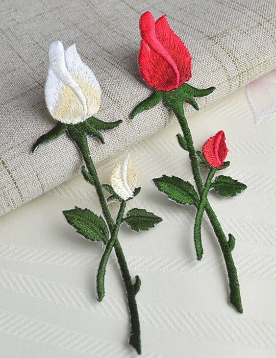 Rose Flower Red White Iron or Sew on Patch Applique Customise Clothing Fashion - Red Rose 11x3.5cm
