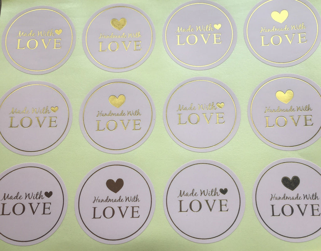 Round Paper Labels 'Hand made with love' Gift Craft Stickers Pink & Gold MD