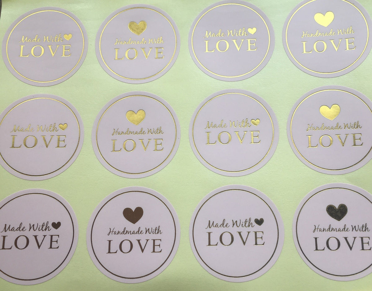 Round Paper Labels 'Hand made with love' Gift Craft Stickers Pink & Gold MD