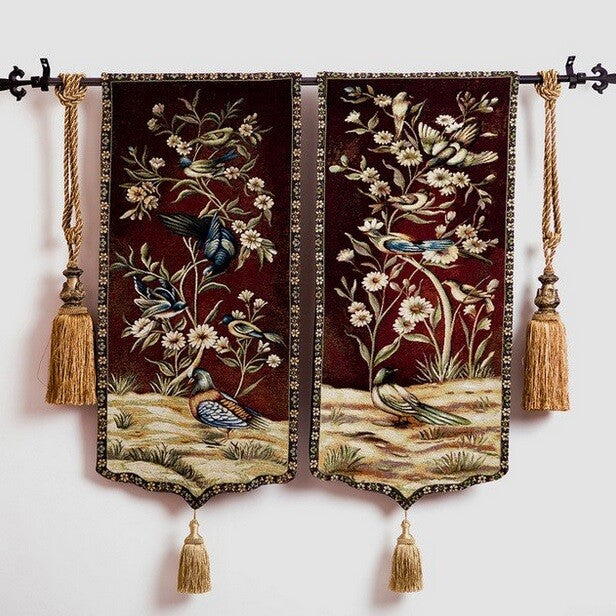 2 Set Tapestry Birds & Flowers Loom Woven Tapestry Rustic Victorian 46x95cm Each