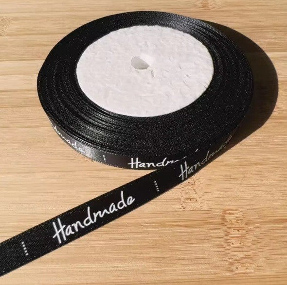 20 Meter Roll " Handmade" Print Satin Ribbon Full Whole Roll Sew On Label - Black