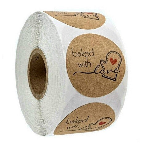Round Baked With Love Labels Stickers Gift Food Cookie Homemade Craft 2.5cm - Brown