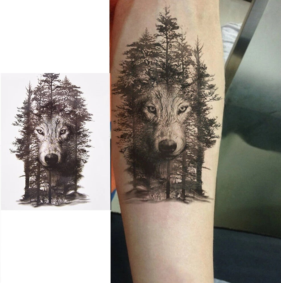 Large Waterproof Traditional Wolf Dog Tree Forest Temporary Tattoo 20x15cm
