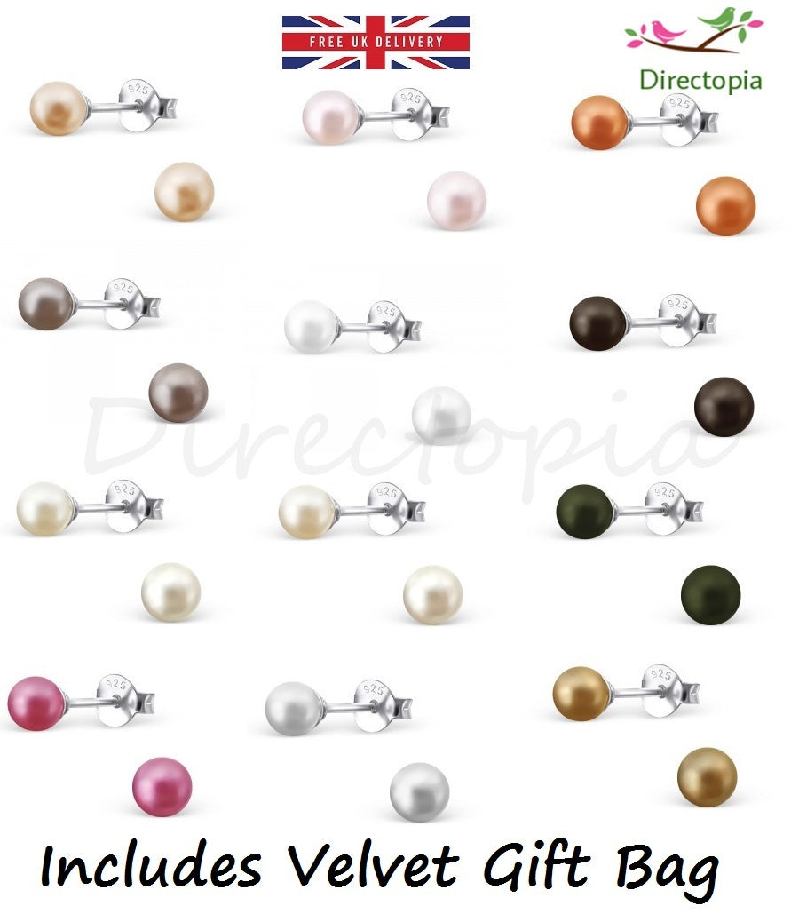 925 Sterling Silver Pearl Stud Earrings Many Colours Elegant Wedding & Gift Bag