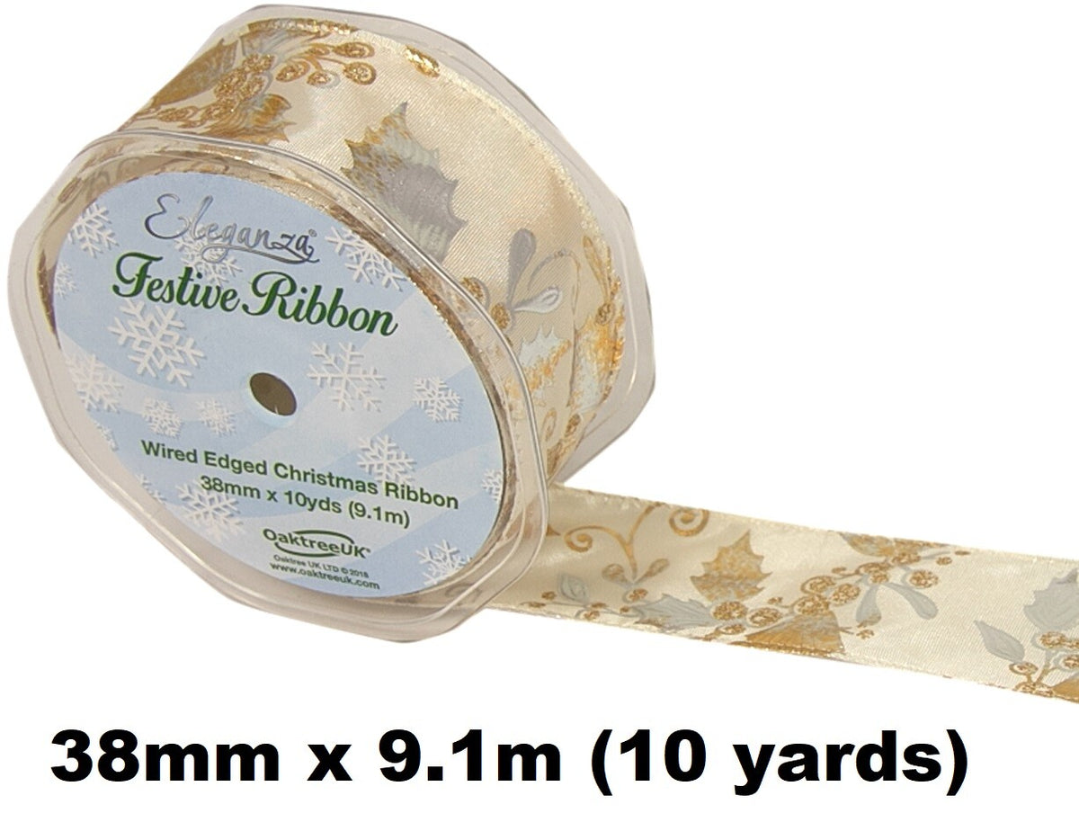 Eleganza Festive Christmas Ribbon Roll Craft Wreath Bows Gifts Tree Decoration - Gilded Holly Wired Edge Gold/Cream