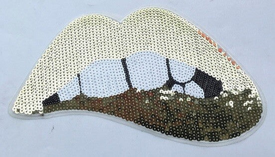 Large Rose Gold Silver Pink Lips Mouth Pop Art Lip Sequin Iron on Sew on Patch - Gold - Iron On