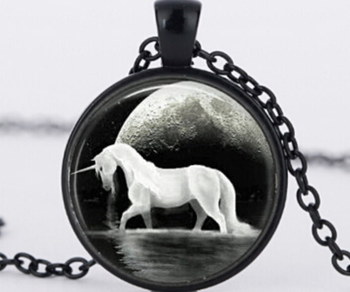 Unicorn Cameo Glass Cabochon Pendant Necklace 'LUNA UNICORN OF THE NIGHT'