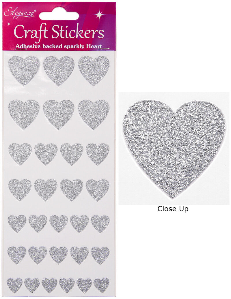 Self Adhesive Glitter Heart Sparkly Stickers Sheet of 30 - 4 Sizes of Hearts - Silver