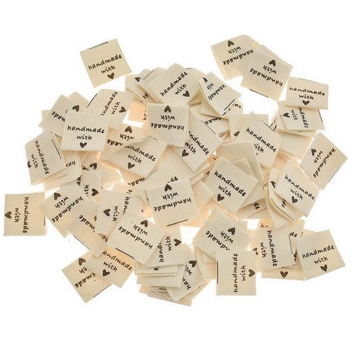 Fabric Labels 'Hand Made With Love' Sew On Garment Clothing Label Tags 2x2cm - Cream