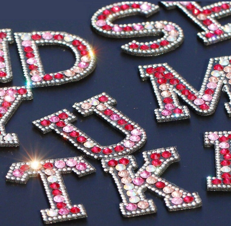 Red Pink Multi Rhinestone Letter Patch Patches Iron on Sew on Alphabet Crystal