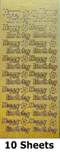 10 Sheets - Happy Birthday Pearl Glitter Gold Peel Off Sticker Craft Stickers