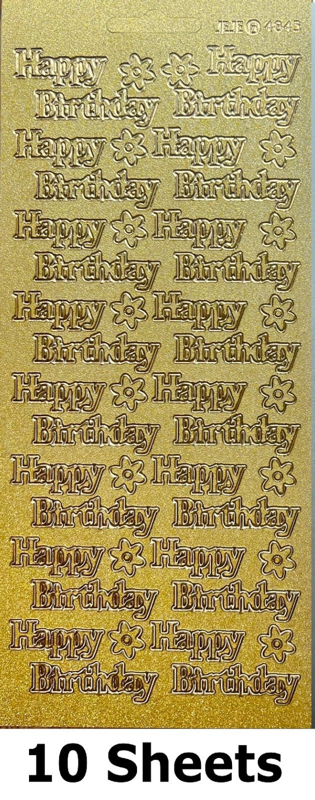 10 SHEETS - Happy Birthday Pearl Glitter Gold Peel Off Sticker Craft Stickers