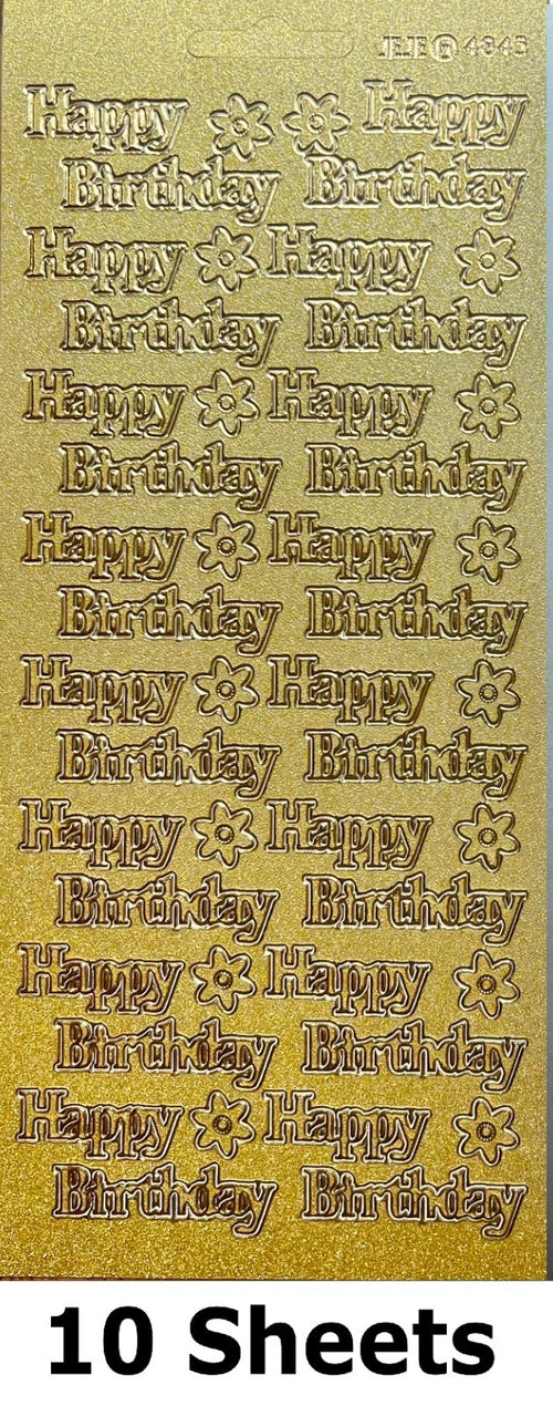 10 Sheets - Happy Birthday Pearl Glitter Gold Peel Off Sticker Craft Stickers