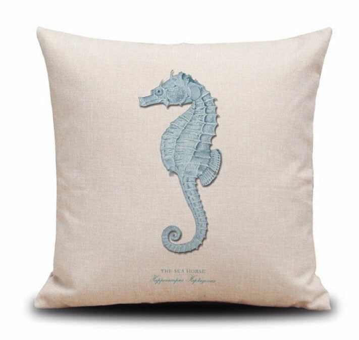 CUSHION COVER DECORATIVE NAUTICAL BEACH CHIC SEAHORSE CORAL DESIGNS 45 x 45 CM - Blue Seahorse