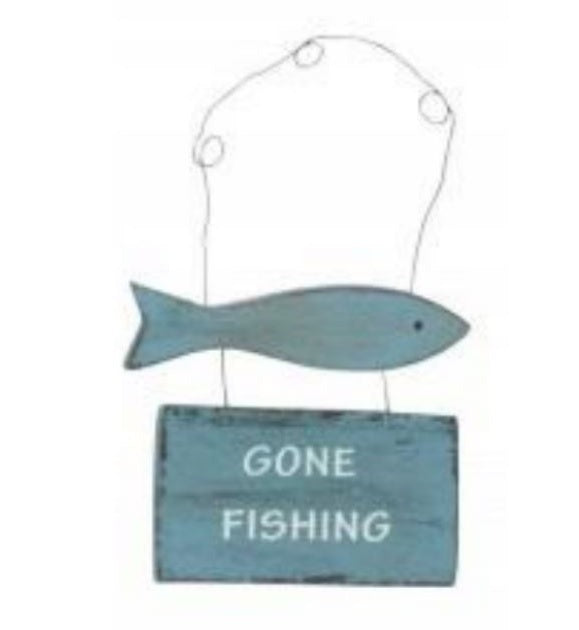 Nautical Wooden Hanging Plaque Sign Home Gift Beach Hut Decoration Gisela Graham - Gone Fishing