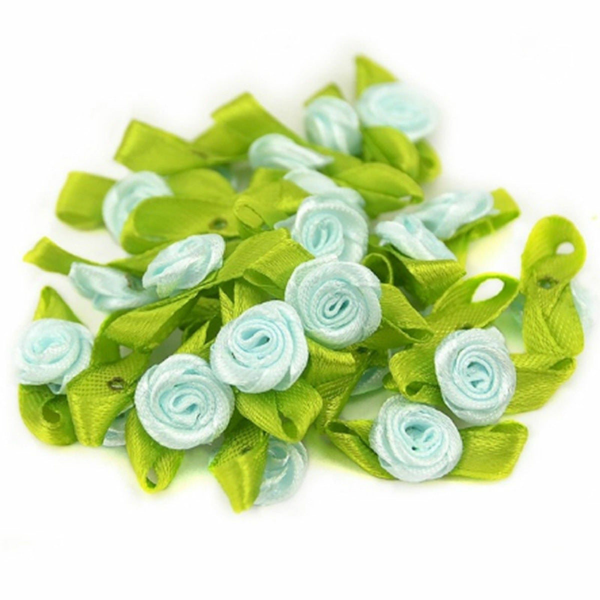 Mini Satin Ribbon Rose Buds Flowers Green Leaf Leaves Craft Wedding Confetti - Sky Blue