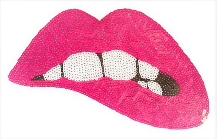 Large Rose Gold Silver Pink Lips Mouth Pop Art Lip Sequin Iron on Sew on Patch - Bright Pink - Iron On