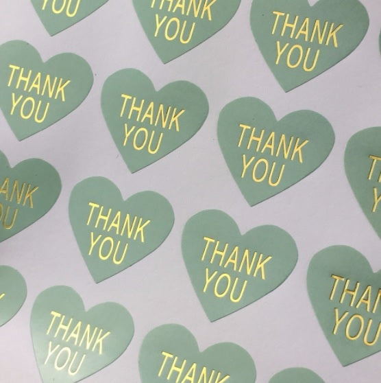 Heart Paper Labels 'Thank You' Gift Food Craft Stickers Seals Green & Gold