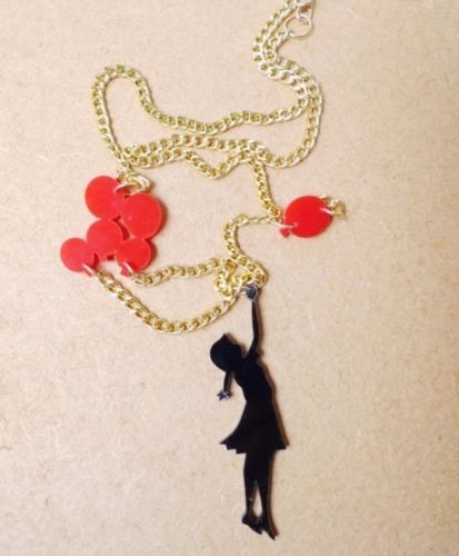 Girl & Red Balloon Acrylic Statement Gold Chain Necklace Graffiti Style UK