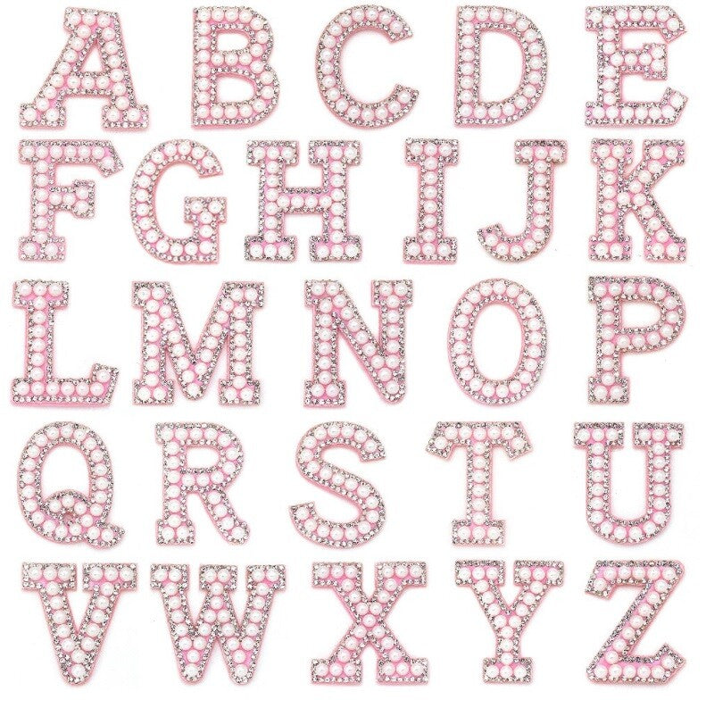 Pink & Pearl Rhinestone Letter Patch Patches Glue on Sew on Alphabet Crystal