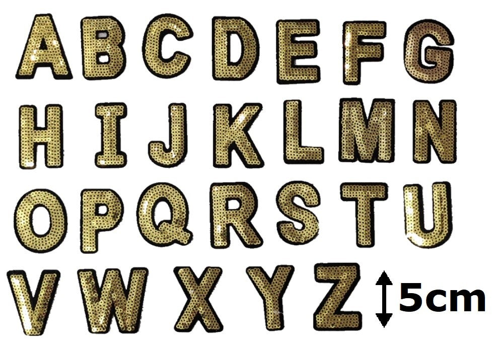 Gold Sequins & Black Letter Patch Iron or Sew on Alphabet Customise Clothing 5cm