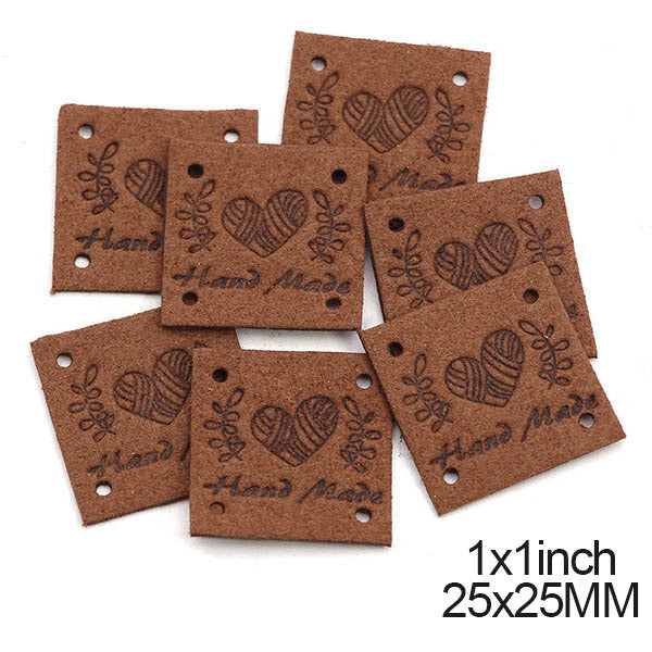 Faux Suede Square Labels Hand Made Heart Clothing Tag Label Tags 25x25mm - Design 3