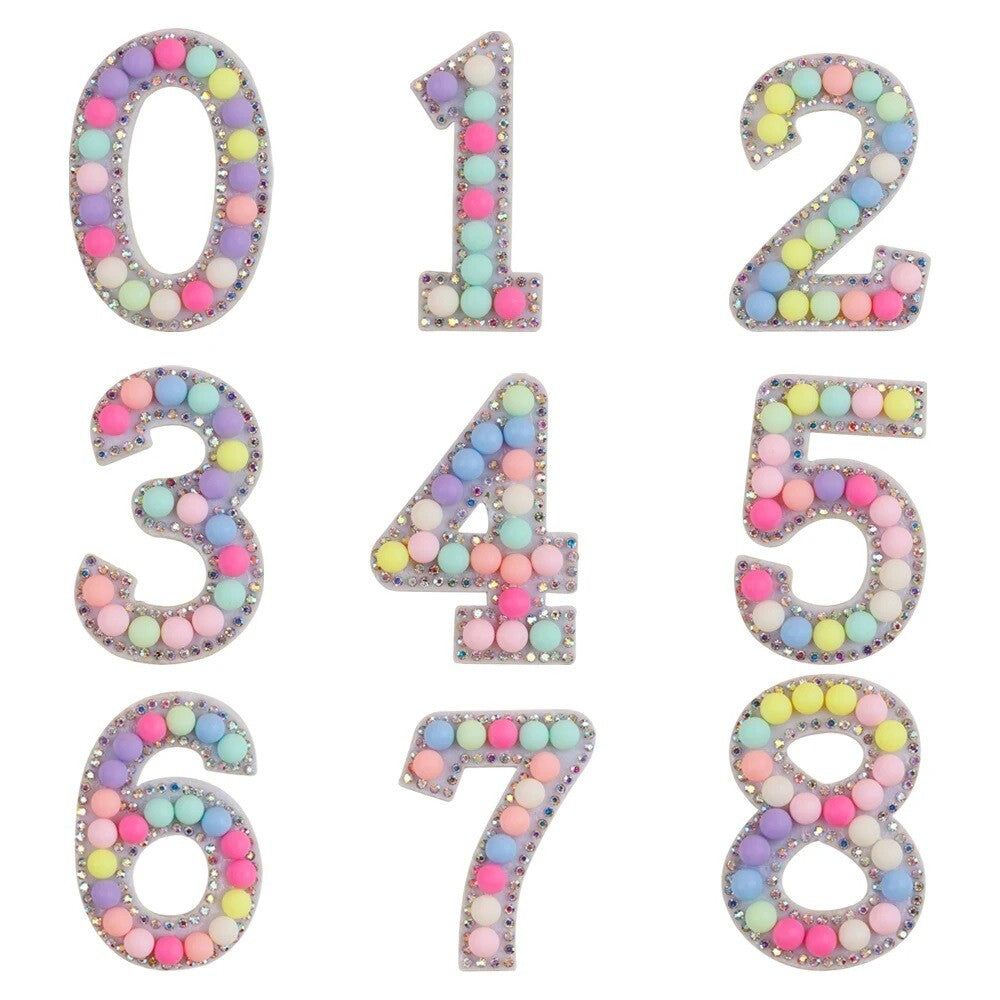 5.5cm Tall Number Patch Pastel Colours Pearl Rhinestone Alphabet Numbers Patches