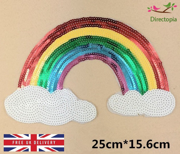 Large Rainbow Iron On Sequins Applique Patch Sparkly Customise Craft 25x15.6cm