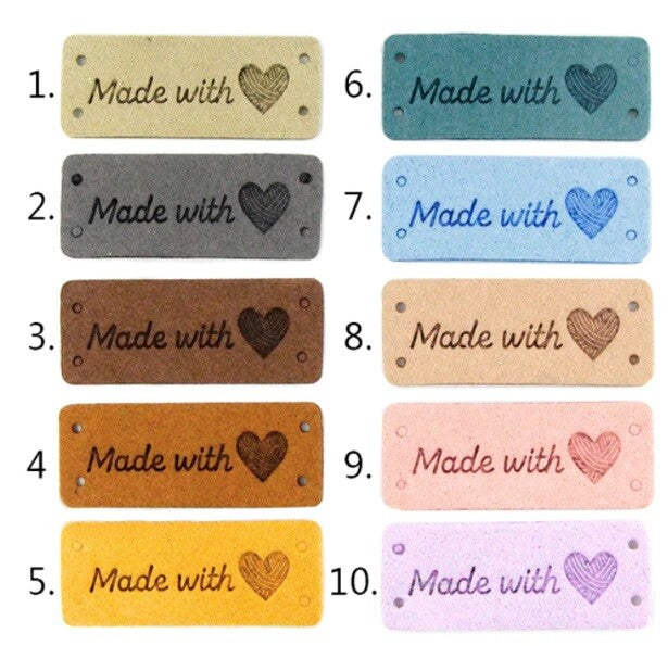 Faux Suede Leather Labels Hand Made with Love Clothing Tag Label Tags 5x2cm - Designs 1-10 chart