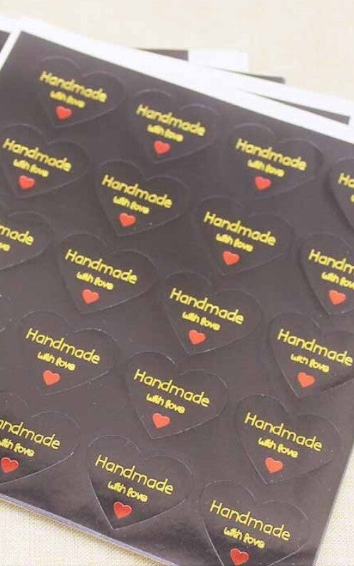 Heart Handmade with Love Gift Seal Craft Stickers Black Gold & Text Labels