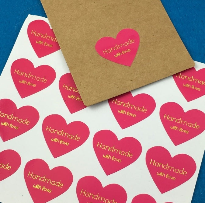 Handmade with Love Heart Gift Seal Craft Stickers Fuchsia with Gold Text Labels