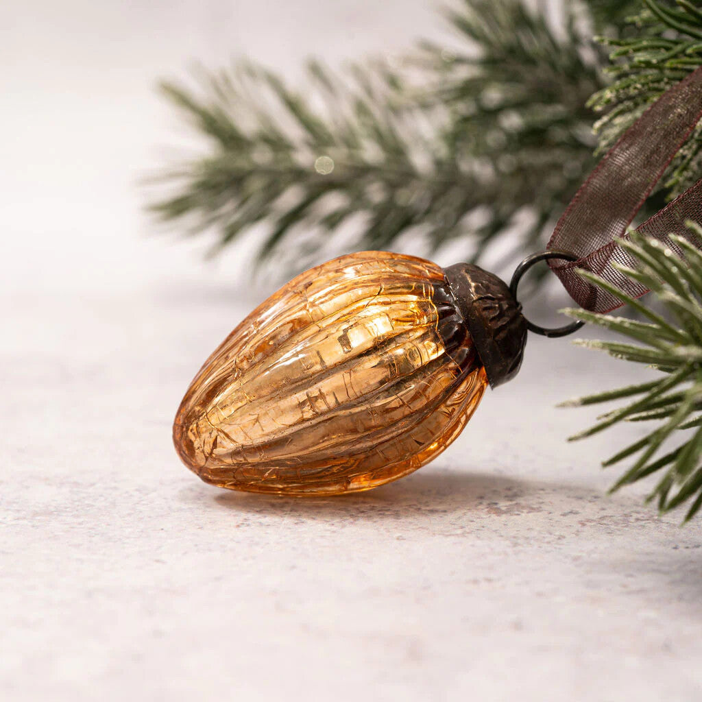 6 Pack Small Glass Handcrafted Baubles Premium Traditional Christmas Tree Craft - Set of 6 Small Honey Crackle Glass Pinecones