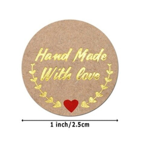 Round Sticky Labels 'Handmade with Love' Gift Craft Stickers Label Seals 2.5cm - Brown & Gold