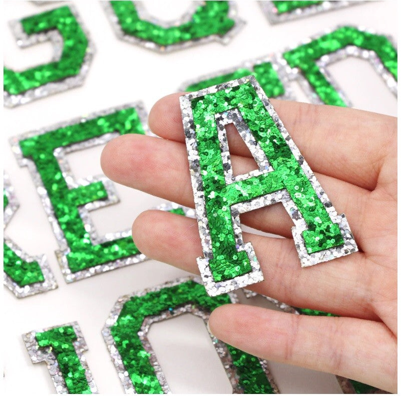 Green & Silver Glitter Varsity Letter Patch Iron or Sew on Alphabet Patches