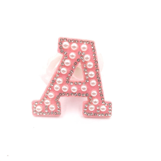 Alphabet Pink & Pearl Rhinestone Crystal Letter Patch Patches Glue / Sew on 5cm