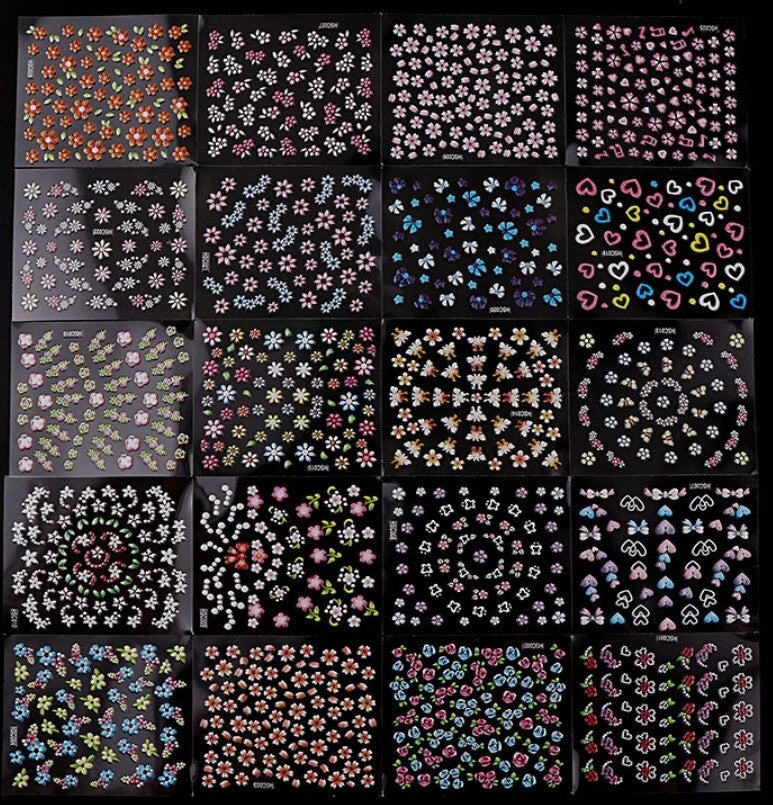 1 Sheet of 3D Nail Art Lace Stickers Decals Transfers Flowers Black White - Coloured