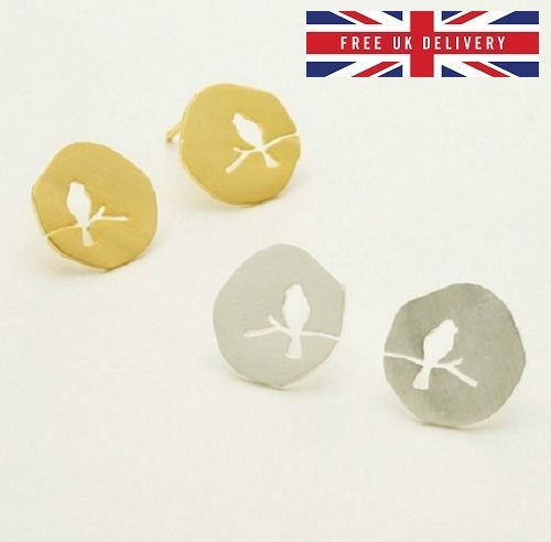 Minimalist Bird On A Branch Stud Earrings Delicate Dainty Cute & Gift Bag