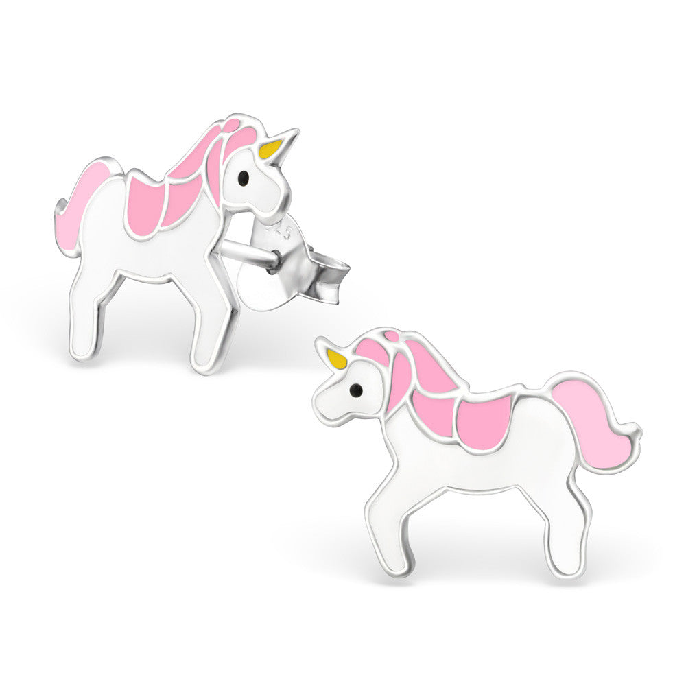925 Sterling Silver Unicorn Pegasus Earrings & Gift Box - Pink Saddle Unicorn